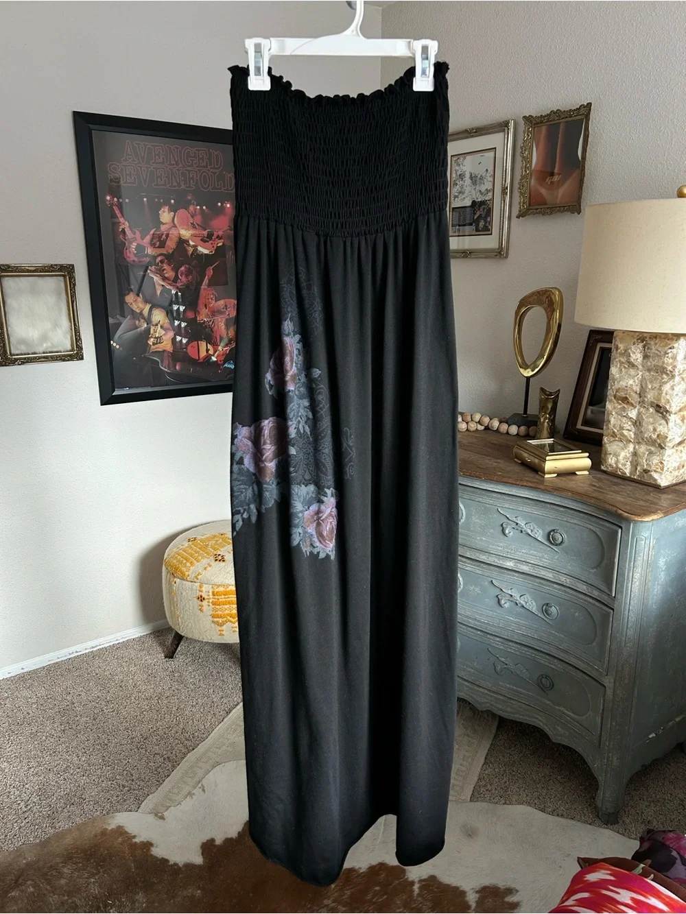 Vintage Y2K Whimsigoth Goth Rose Strapless Maxi Dress Grunge Size L Stretchy